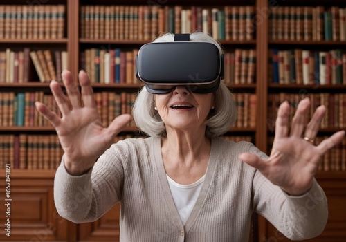 vr old woman in library