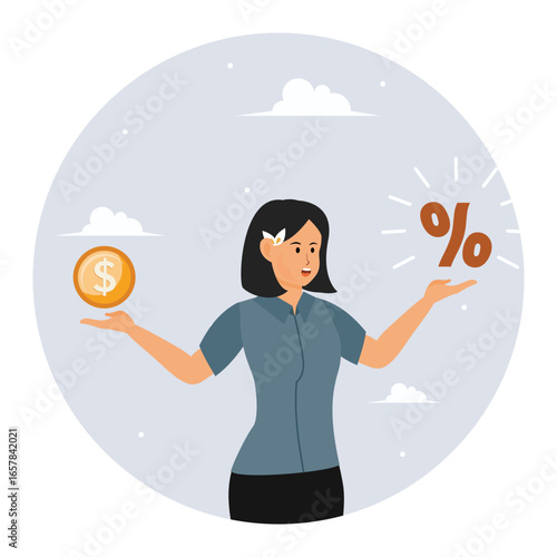Debt or financial credit concept. Woman holding dollar money coin and percentage.