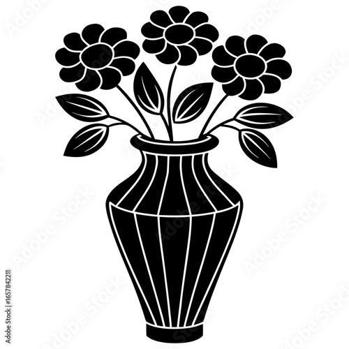 Black silhouette of a vase with round flowers floral