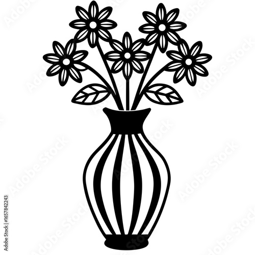 Black silhouette of a vase with star flowers and leaves