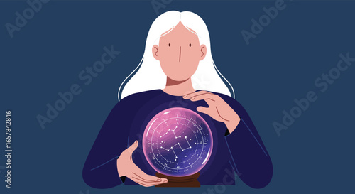A fortune teller gazes into a crystal ball, seeking to predict the future through magic and divination, offering insights into astrology and the occult world
