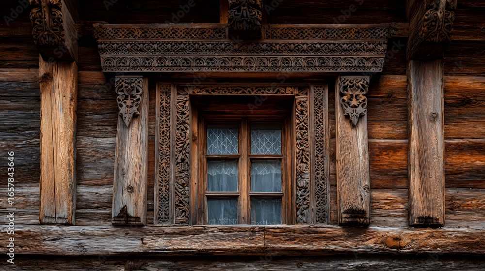 Fototapeta premium Striking Rustic Timber-Framed Structure with a Beautifully Carved Window and Elaborate Wooden Platbands Uniting Nature with Architectural Artistry