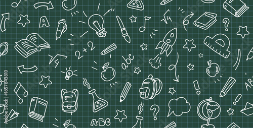 Cute set of school icons line style seamless pattern. Back to school. Doodle style. Good for textile fabric design, wrapping paper, banner, posters, cards, stickers, and website wallpapers.