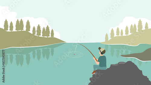 Flat vector illustration of a man fishing by the lake with scenic nature landscape background.