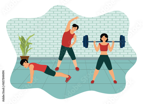 Group of People Exercising with Weights and Stretching in a Fitness Studio.
