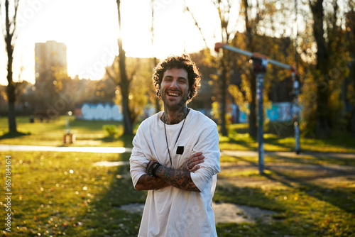 Laughing man in urban park
