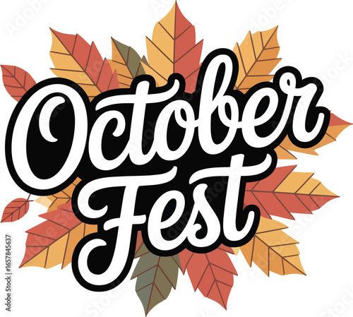 October Fest lettering with autumn leaves on white background text typography