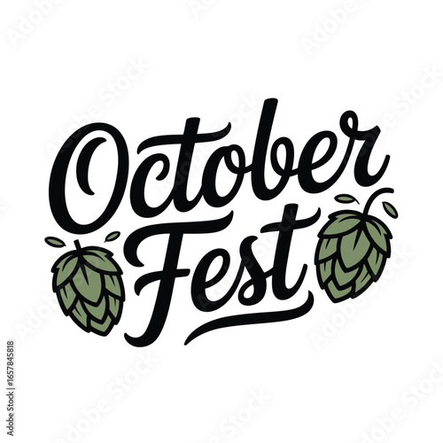 October Fest lettering with green hop cones on white background text typography