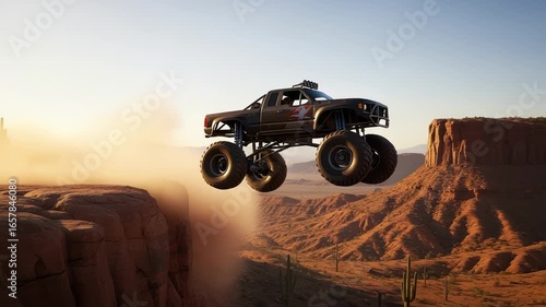 Monster Truck Thrills: Epic Desert Jump with Dust Clouds and Expansive Canyon Backdrop