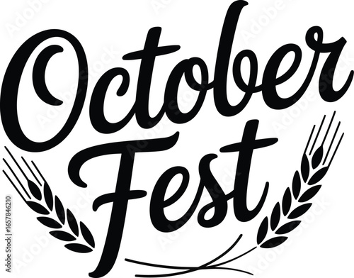 October Fest lettering with wheat stalks on white background text typography