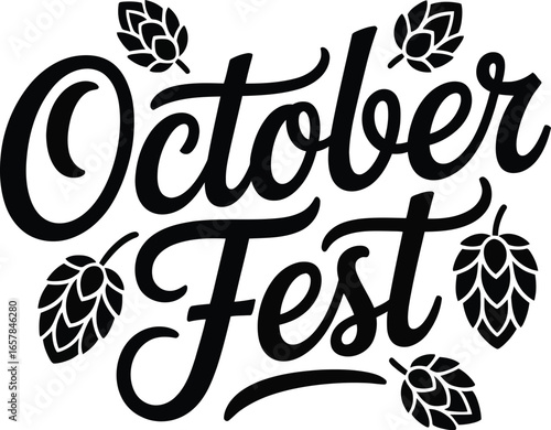 October Fest script with hop cones on white background lettering text
