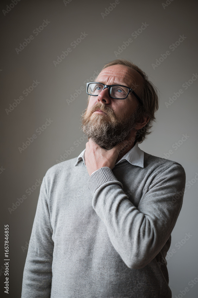 Fototapeta premium man with thoughtful expression places his palm on his neck conveying sense of tension