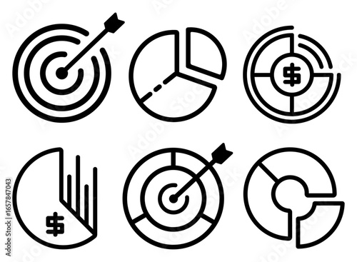 Simple target and chart outline icons. Set of vector line art symbols for business strategy, financial goals, and data analysis