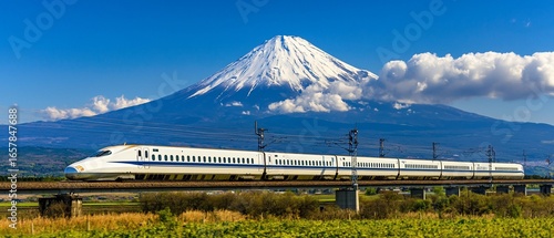 Shinkansen Bullet Train Traveling Past Majestic Mount Fuji, Japan, Scenic View.