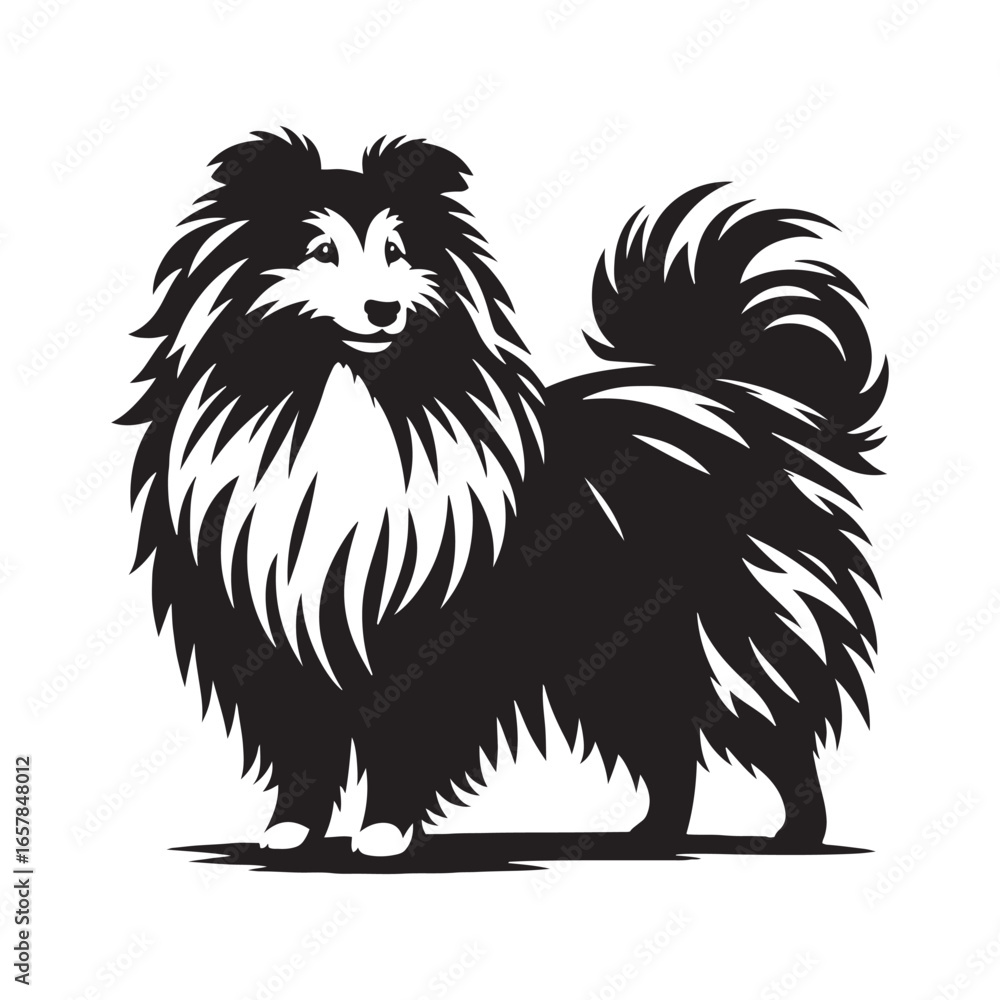 Obraz premium Shetland Sheepdog vector silhouette, elegant herding breed outline, loyal companion design, fluffy fur contour, intelligent posture, canine graphic art, dog lover emblem, minimal modern editable illus