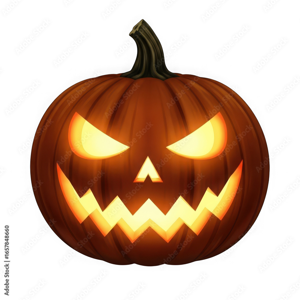 Fototapeta premium Spooky Jack O Lantern Pumpkin with Glowing Evil Face on Black halloween scary isolated on a transparent background