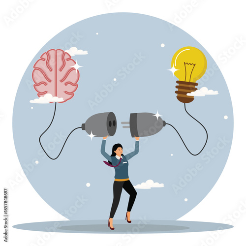 Connecting new idea or innovation concept. Woman connect plug with light bulb idea to human brain.