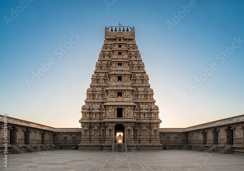 Magnificent ancient hindu temple tower against clear blue sky in tamil nadu, india