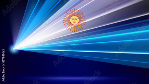 Laser flag of argentina. Laser show on dark blue background. Argentine national flag. Template of banner, poster for national patriotic holiday of argentina. Place for text. Copy space. Vector