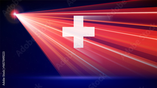 Laser flag of switzerland. Swiss abstract national flag. State, government show. Template of banner, poster for national holiday switzerland. Blue background. Place for text. Copy space. Vector