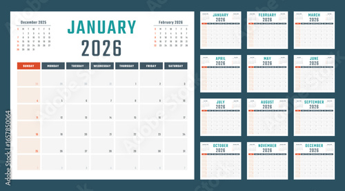 calendar for 2026 starts sunday, vector calendar design 2026 year