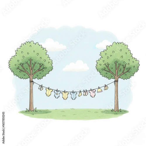 Baby clothes hanging on a clothesline between two trees in a park on a sunny day, celebrating new life with a whimsical and joyful atmosphere.