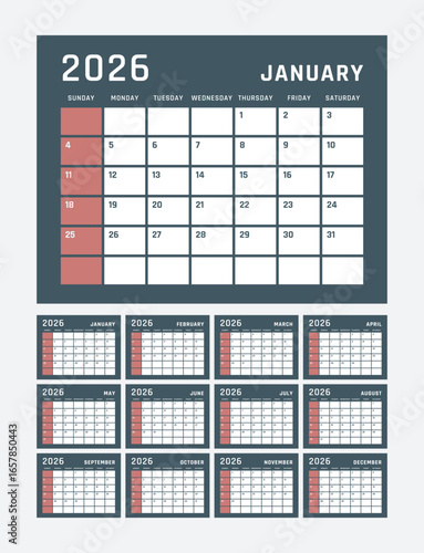 calendar for 2026 starts sunday, vector calendar design 2026 year
