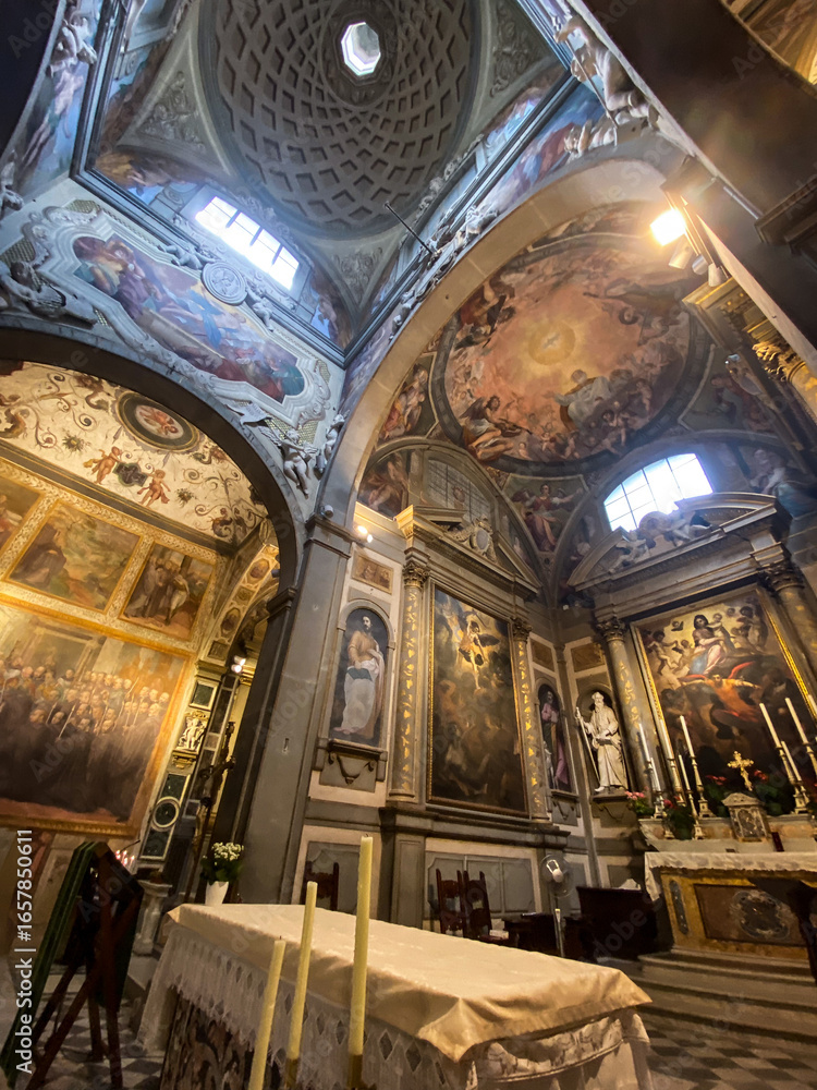 Obraz premium Religious frescoes adorning ceiling and walls of Badia di Passignano abbey church, revealing artistic mastery within Tuscan landscape, highlighting medieval spiritual heritage