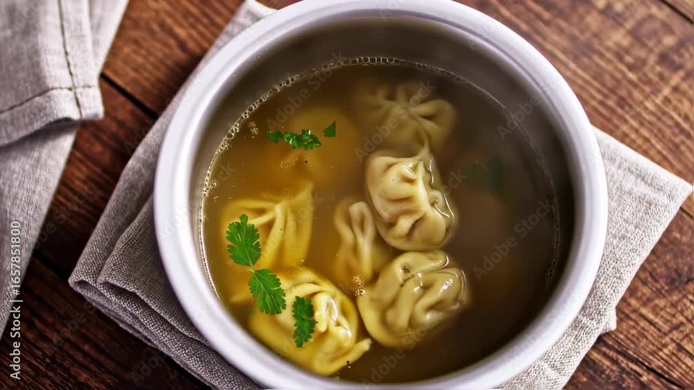 Comforting bowl of Tortellini soup with fresh parsley on wooden surface Comforting bowl of Tortellini soup with fresh parsley on wooden surface