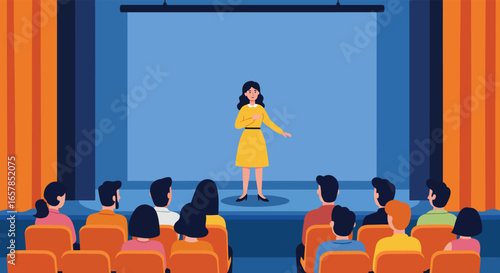 A speaker presenting to an audience on stage with a screen, sharing knowledge and information at a conference or seminar for business and education