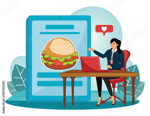 Snacking non stop. Businesswoman Viewing Digital Restaurant Menu with a Burger.