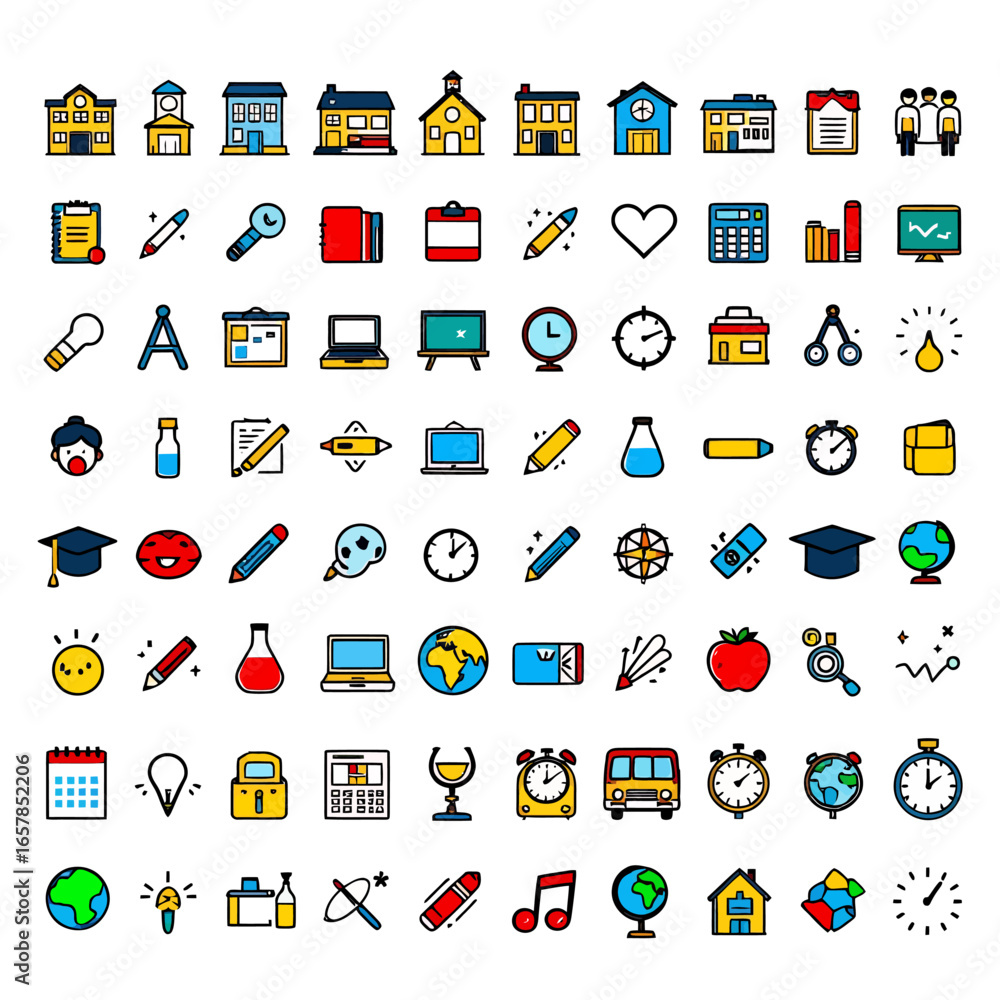 Fototapeta premium Colorful educational icons perfect for learning, school, and global concepts in a fun style