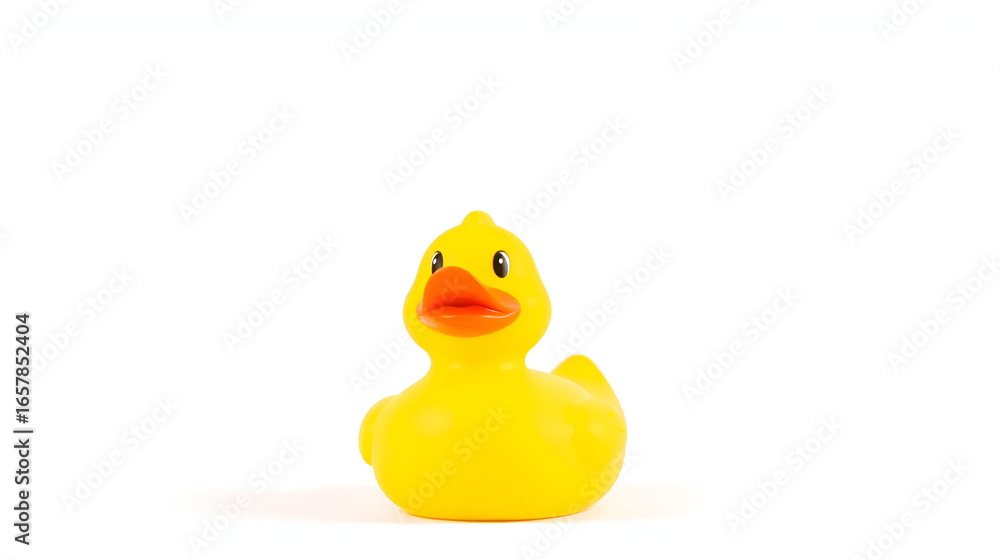 Fototapeta premium A bright yellow rubber duck with a playful expression, against a white backdrop.