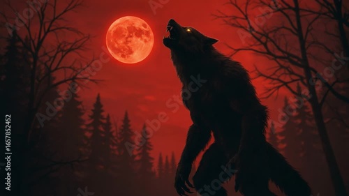 A menacing werewolf howls at the crimson full moon, silhouetted against a dark forest, evoking an eerie atmosphere of supernatural mystery and ferocity.