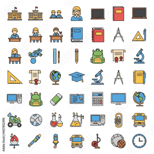School icons and symbols for education, learning, and knowledge with students and teachers