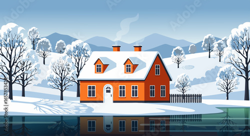 A pristine vector illustration capturing a serene winter landscape with a charming snow-covered house by a tranquil reflective lake, embodying idyllic seasonal beauty and peaceful reflections.