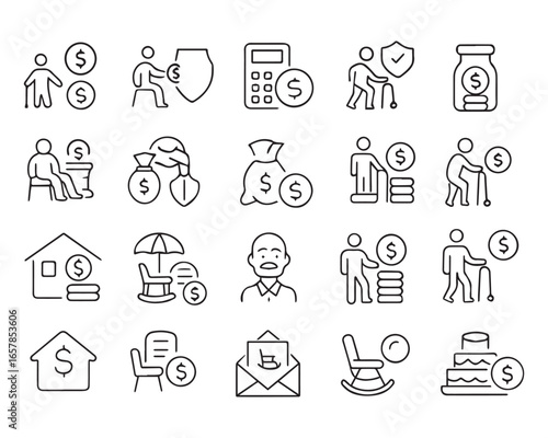 Set of outline icons related to retirement. Linear icon collection