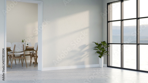 Fototapeta Naklejka Na Ścianę i Meble -  Window wall and plant on marble floor corridor to a dining room in modern house or office building.