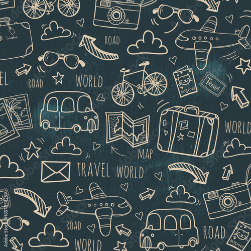 Seamless monochrome pattern on checkered paper. Icon set of elements for summer vacation travel, hand drawn vector doodles in line style. Line contour in sketch style.