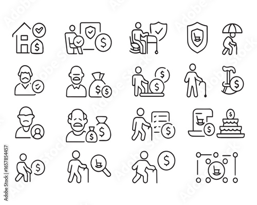Set of outline icons related to retirement. Linear icon collection