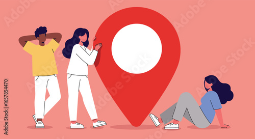 A group of diverse people collaborate around a large location pin, symbolizing teamwork, connection, and shared goals in a modern and vibrant illustration