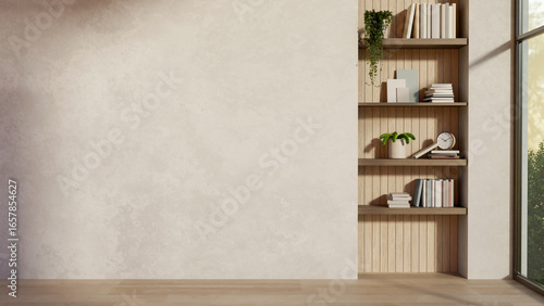 Fototapeta Naklejka Na Ścianę i Meble -  Build in display shelf on loft wall and wooden parquet floor in a modern house or office building.