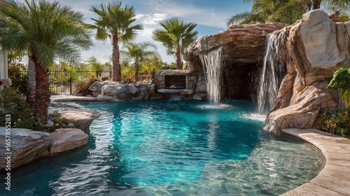 Escape to paradise with this stunning pool featuring a natural rock waterfall and tropical palm trees