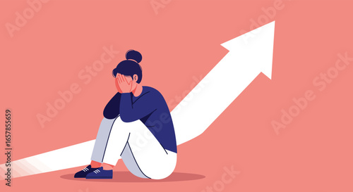 A woman sits dejected as an arrow points upward, symbolizing the challenges and emotional toll of navigating business and personal growth in a vibrant art style
