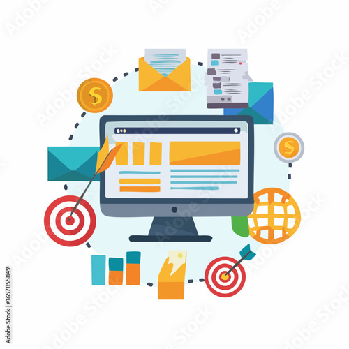 Icon set about AI-driven advertising and programmatic marketing with machine learning, algorithms, and automated campaigns in flat modern design.