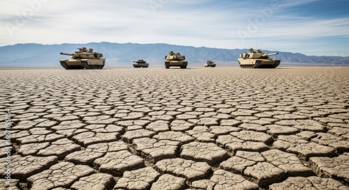 Armored vehicles traverse a barren desert landscape under blue skies