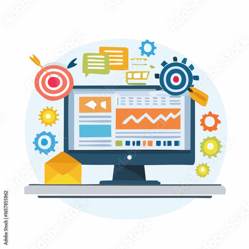 Icon set about AI-driven advertising and programmatic marketing with machine learning, algorithms, and automated campaigns in flat modern design.