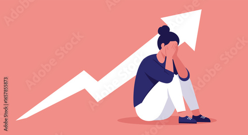 A woman sits dejected as an arrow points upward, symbolizing the challenges and emotional toll of navigating business and personal growth in a vibrant art style
