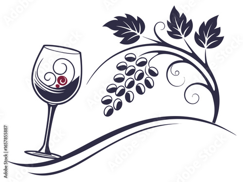 Elegant Black and White Wine Glass with Grapes and Vines , A stylized, black and white graphic of a wine glass surrounded by grape vines and swirls. 