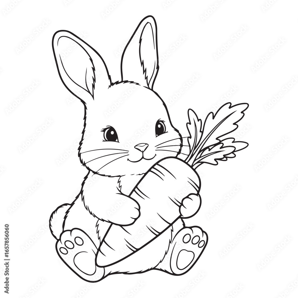 Obraz premium A cute bunny holding a carrot in black and white outline